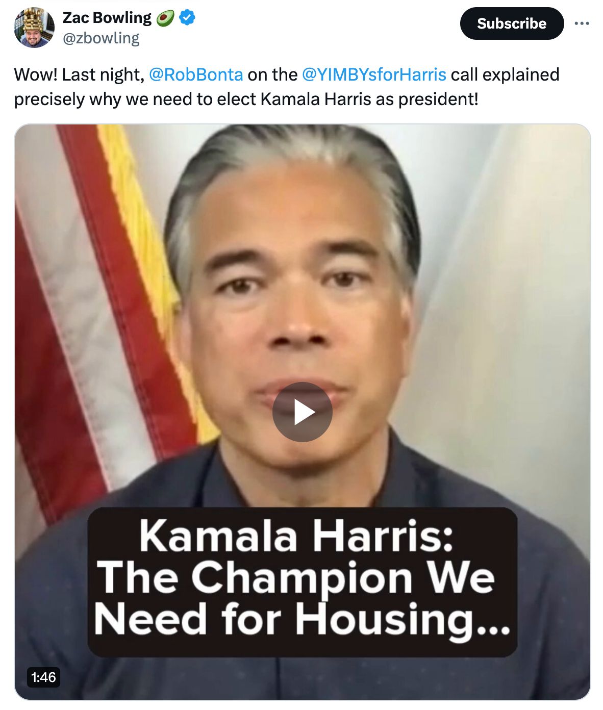 Screenshot of Rob speaking on the YIMBYs for Harris call
