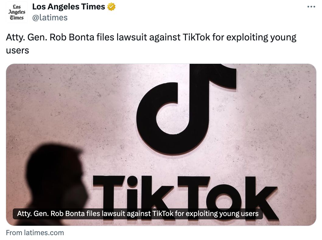 Los Angeles Times: Atty. Gen. Rob Bonta files lawsuit against TikTok for exploiting young users