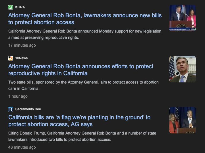 Screenshot of news headlines about Rob's bills to protect abortion access