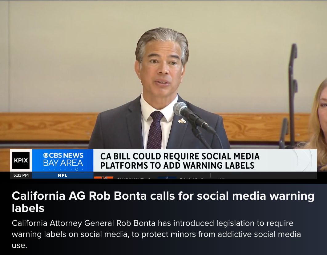 Screenshot of Rob Bonta on CBS News, headline: California AG Rob Bonta calls for social media warning labels