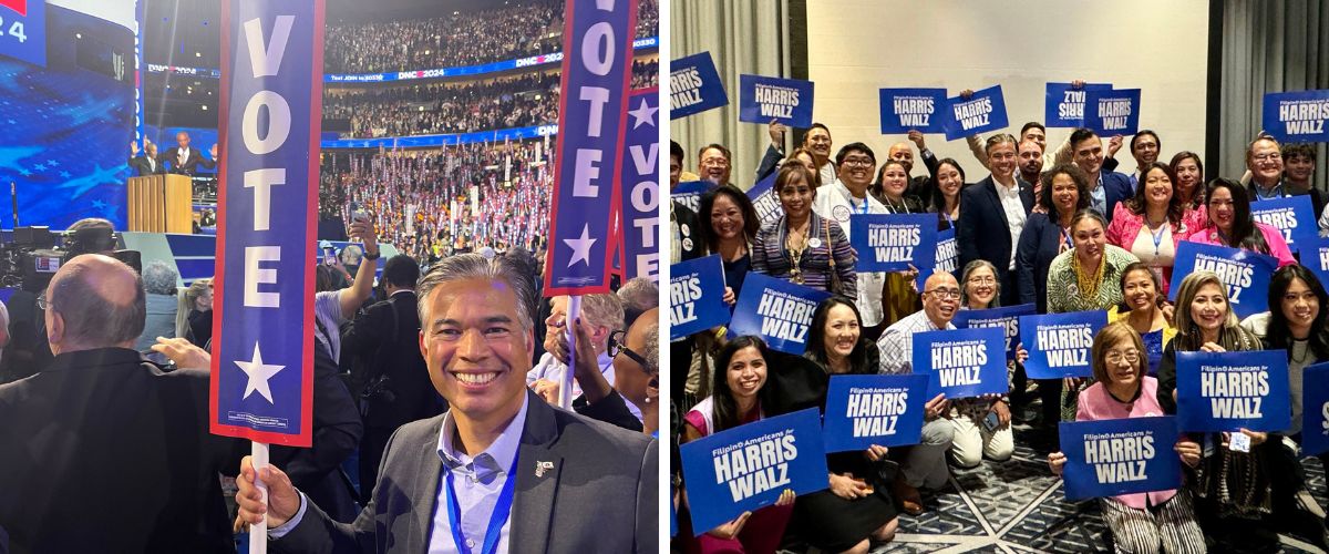 Rob on the floor of the DNC; Rob with a crowd holding Harris Walz signs