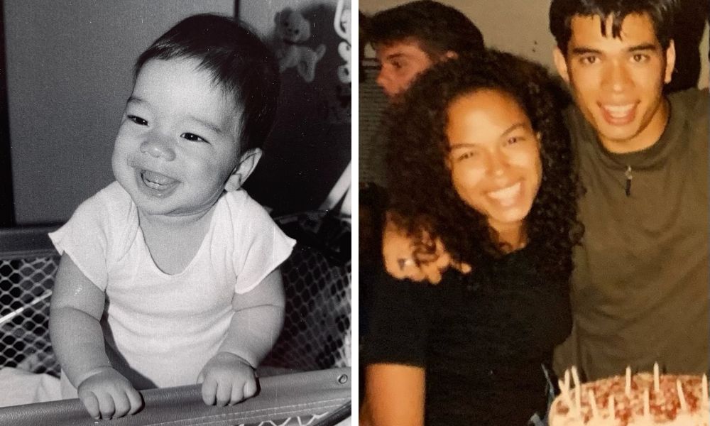 Photo of Rob as a toddler and photo of Rob with his wife and birthday cake