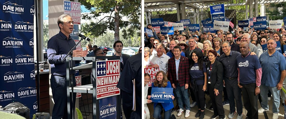 Rob campaigning for Dave Min and Josh Newman