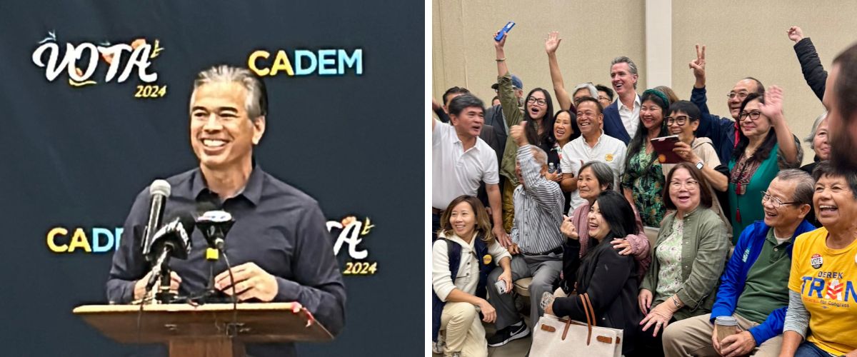 Rob campaigning for Derek Tran and a crowd of supporters with Governor Newsom