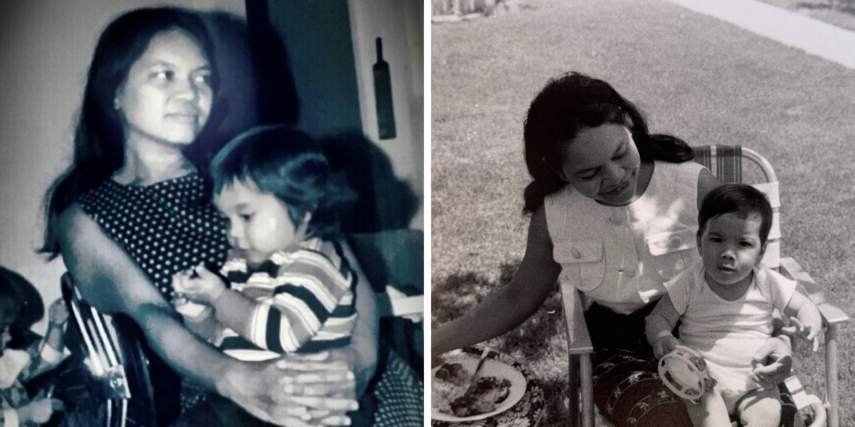 Old black and white photos of Rob as a baby with his mom