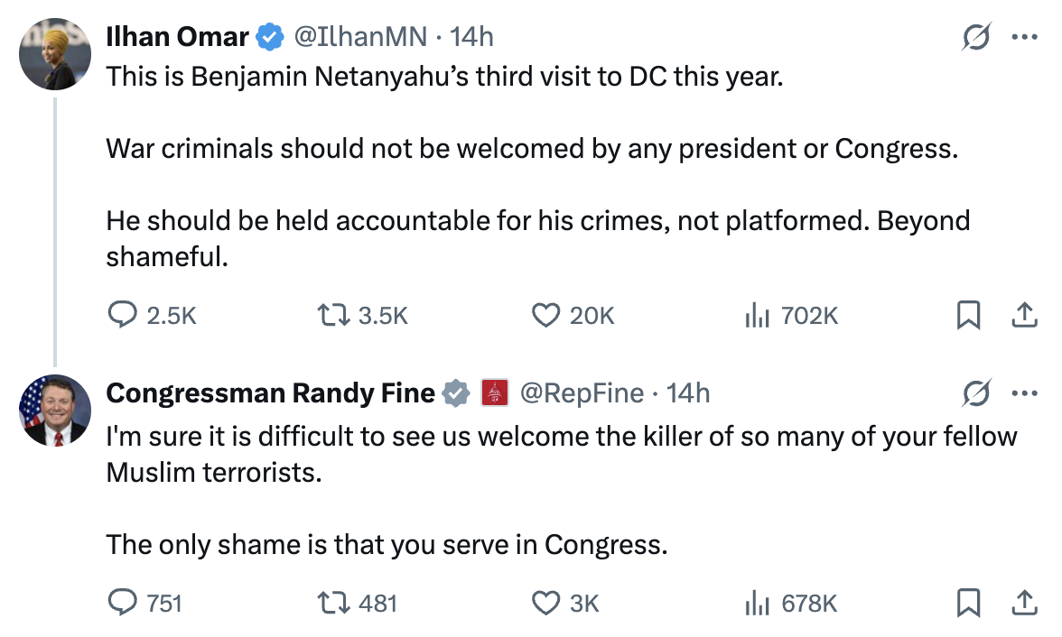 Congressman Rany Fine Responding to Representative Ilhan Omar: 'I'm sure it is difficult to see us welcome the killer of so manu of your fellow Muslim terrorists. The only shame is that you serve in Congress'