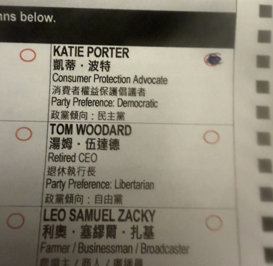 Ballot with 'Katie Porter' selected.