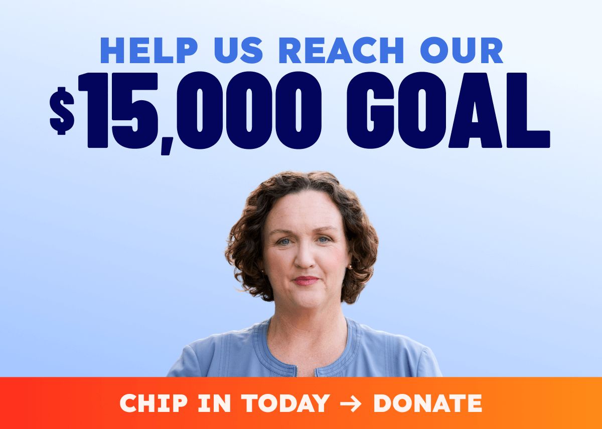 Blue Text on a light blue background reads 'HELP US REACH OUR $15,000 GOAL. CHIP IN TODAY → DONATE'. It includes a headshot of Katie Porter.