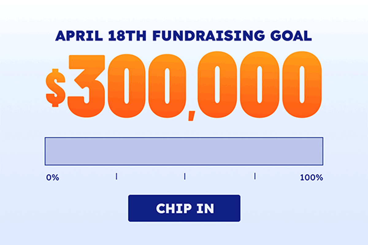 'APRIL 18TH FUNDRAISING GOAL $300,000'; GIF showing percentage bar increasing from 0 to almost 100%