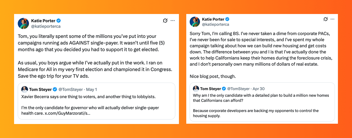 Tweets from Katie Porter about Tom Steyer.