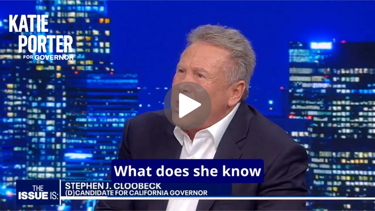 An image of Stephen J. Cloobeck on a news broadcast. The caption reads 'What does she know'.