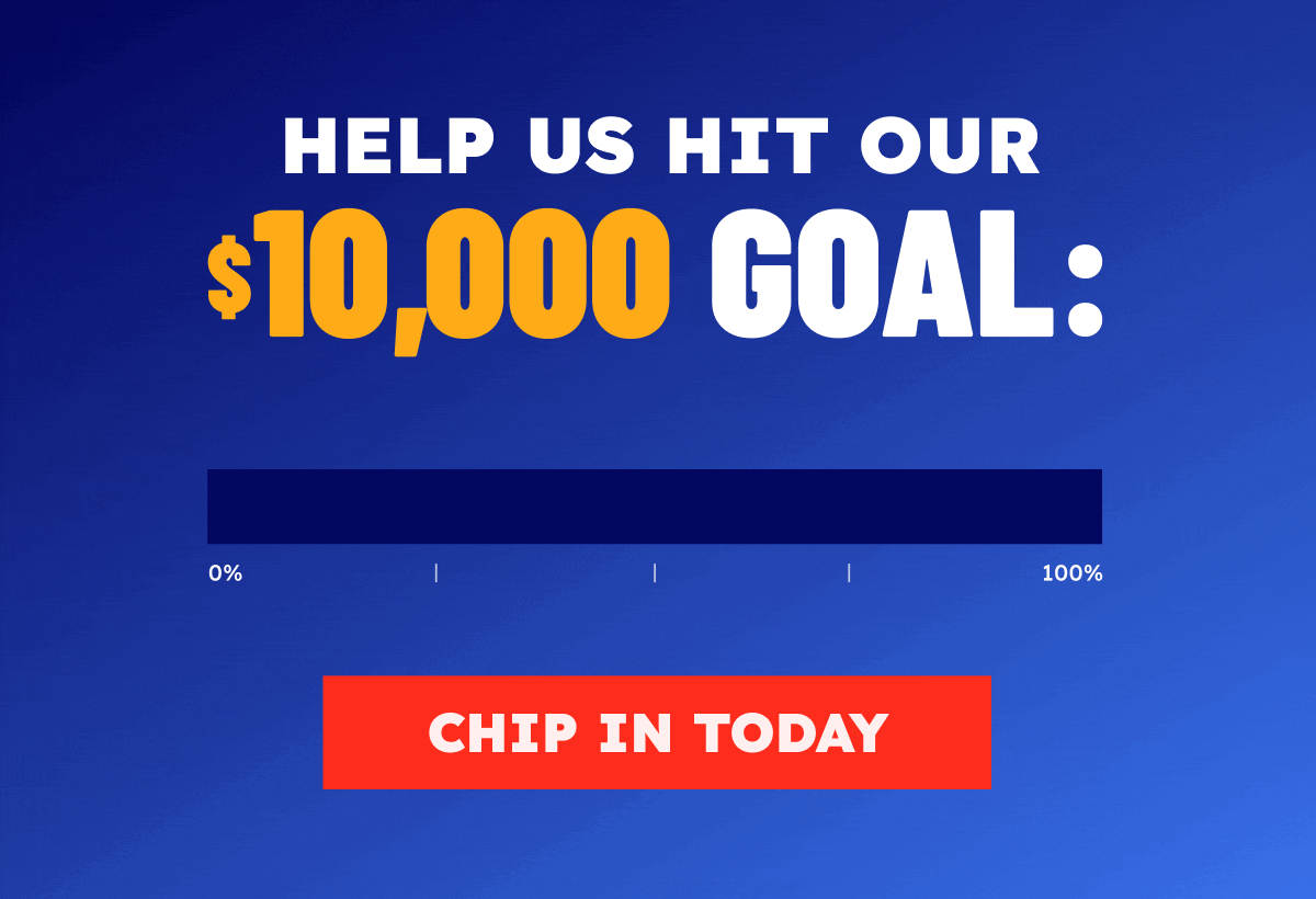 A GIF of a progress bar filling up halfway from 0% to 100%. Text above reads 'Help us hit our $10,000 goal'. A button below reads 'Chip in today'.