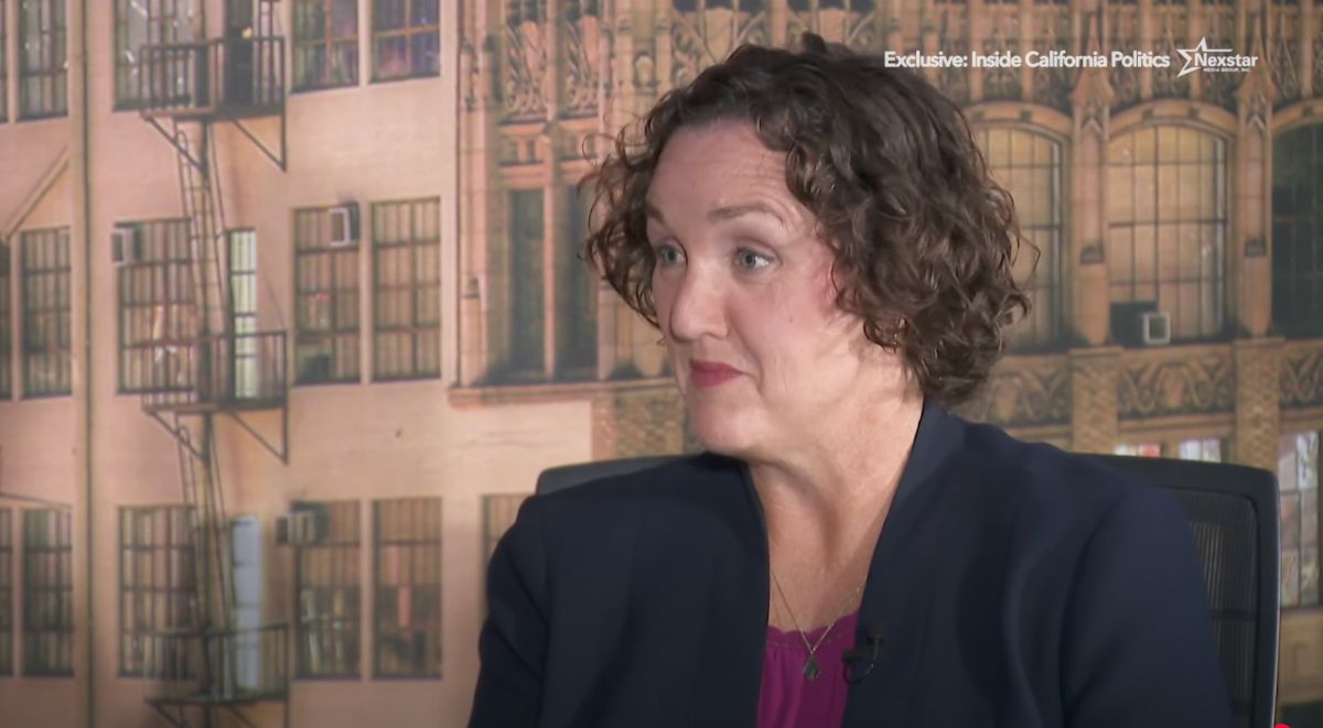 Katie Porter sitting for an interview. Text in the top right corner reads: 'Exclusive: Inside California Politics'.