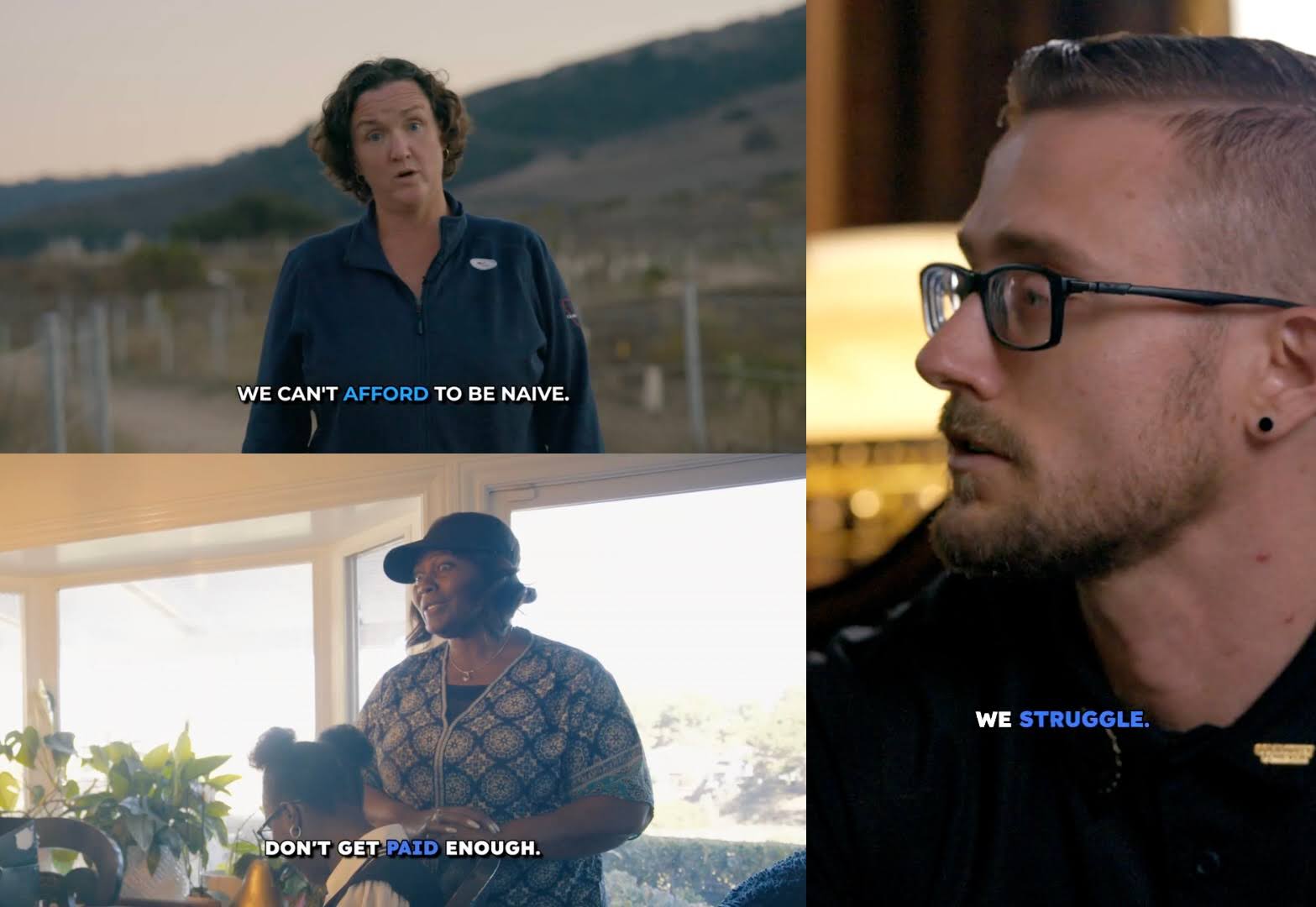 A collage of three screenshot from recent Katie Porter campaign videos. One shows Katie Porter with the caption 'We can't afford to be naive.' The next shows a woman standing with her hand on her daughter's should with the caption 'don't get paid enough.' The last shows a man in glasses speaking to someone off camera with the caption 'We struggle.'