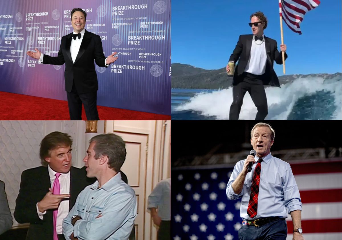 A collage of four photos. They show Elon Musk, Mark Zuckerberg, Donald Trump and Jeffrey Epstein, and Tom Steyer.