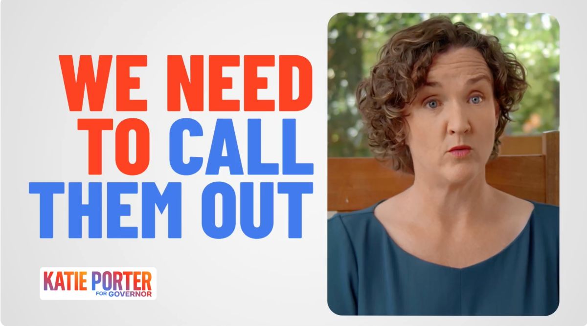 Still from Katie's ad; 'WE NEED TO CALL THEM OUT' with an image of Katie on the right of the screen on a white background