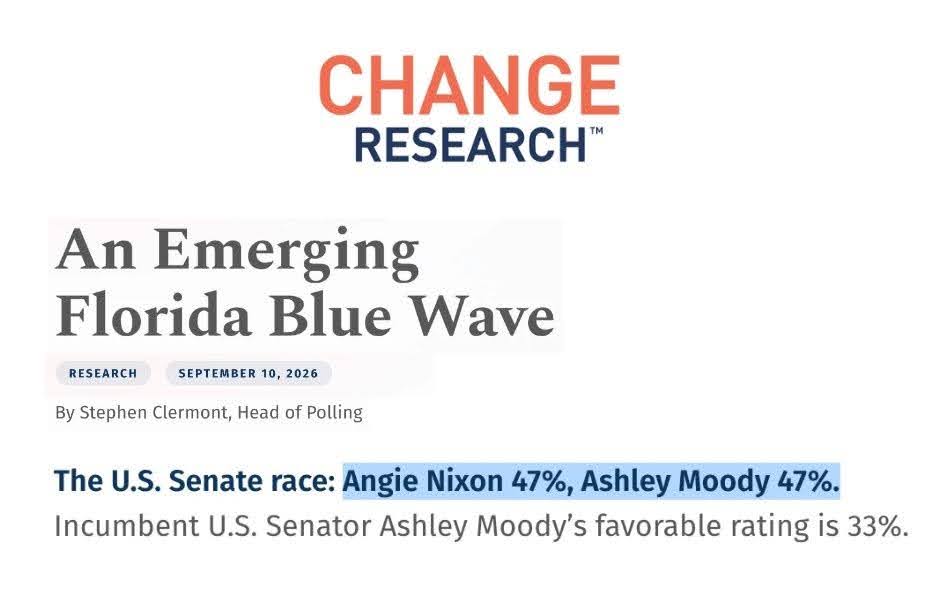 Change Research: An Emerging Florida Blue Wave. The U.S. Senate race: Angie Nixon 47%, Ashley Moody 47%. Incumbent U.S. Senator Ashley Moody's favorable rating is 33%.