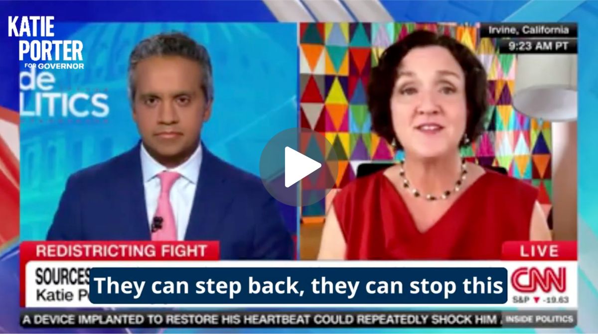 Screenshot from a CNN broadcast featuring Katie Porter and a CNN anchor in a split screen. Text on screen reads 'REDISTRICTING FIGHT' and 'They can step back, they can stop this.'