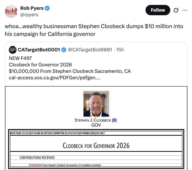 Tweet from Rob Pyers (@rpyers) says: 'whoa...wealthy businessman Stephen Cloobeck dumps $10 million into his campaign for California governor.' Below is a retweet from CATargetBot0001 (@CATargetBot0001): 'NEW F497; Cloobeck for Governor 2026; $10,000,000 From Stephen Cloobeck Sacramento, CA'. Below the tweet is a campaign finance summary graphic featuring a headshot of Stephen J. Cloobeck and the following text: 'STEPHEN J. CLOOBECK (D) GOV; DATE FILED: 07/31/2025; FILING ID: 3070569; COMMITTEE ID: 1476744; FILER PHONE: (805)328-4827; CLOOBECK FOR GOVERNOR 2026; CONTRIBUTIONS RECEIVED $10,000,000 from Stephen Cloobeck Sacramento, CA