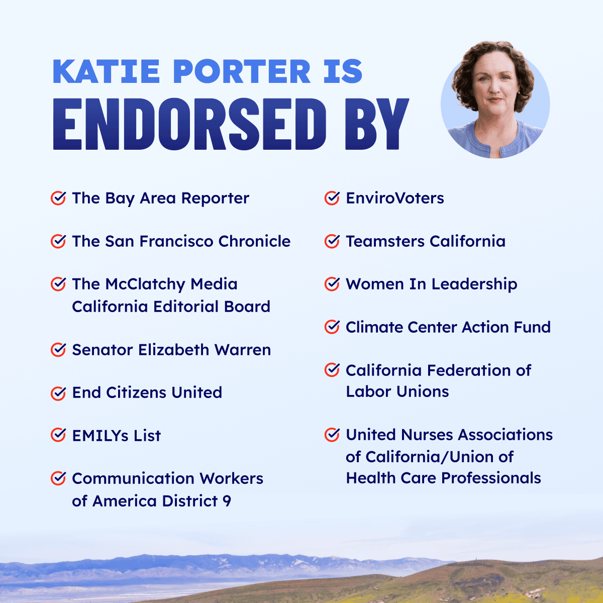 Light blue image showing Katie in te top right corner and a list of people and organizations that have endorsed her; left column: The Bay Area Reporter, The San Francisco Chronicle, The McClatchy Media Editorial Board, Senator Elizabeth Warren, End Citizens United, EMILYs List, Communications Workers of America District 9; right column: EnviroVoters, Teamsters California, Women in Leadership, Climte Center Action Fund, California Federation of Labor Unions, United Nurses Associations of California/Union of Health Care Professionals