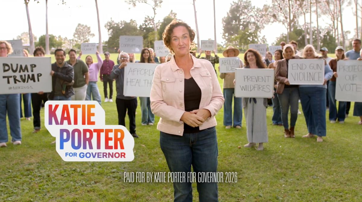 Still from Katie Porter's ad; rainbow font on left side of screen: 'Katie Porter For Governor'; white text at bottom: 'PAID FOR BY KATIE PORTER FOR GOVERNOR 2026'