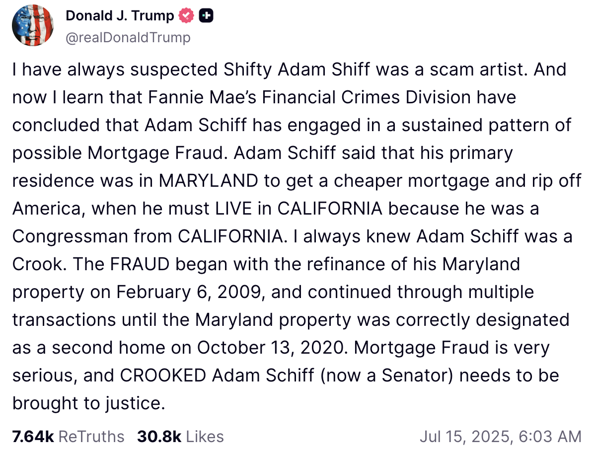 Trump post calling for Schiff's prosecution
