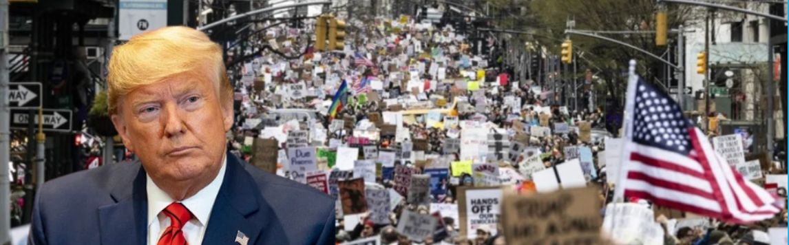 Photo of Trump with protesters in background