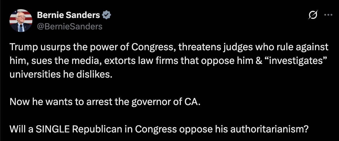 Bernie tweet calling out Trump authoritarianism