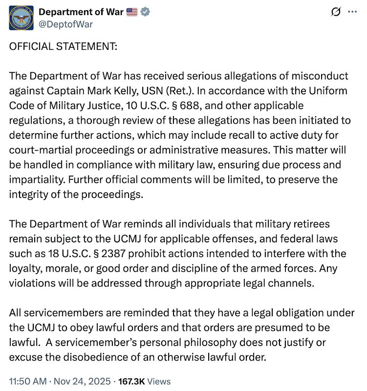 Trump's Department of War launches investigation into Mark Kelly