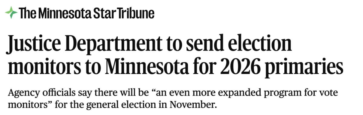 Justice Department to send election monitors to MN for 2026 primaries