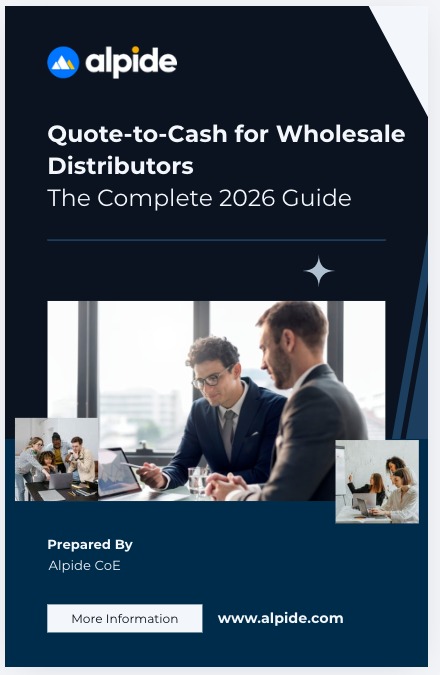 Wholesale distribution operations team reviewing quote-to-cash workflow on integrated ERP dashboard showing sales orders, shipment tracking, and accounts receivable aging in a modern warehouse office environment