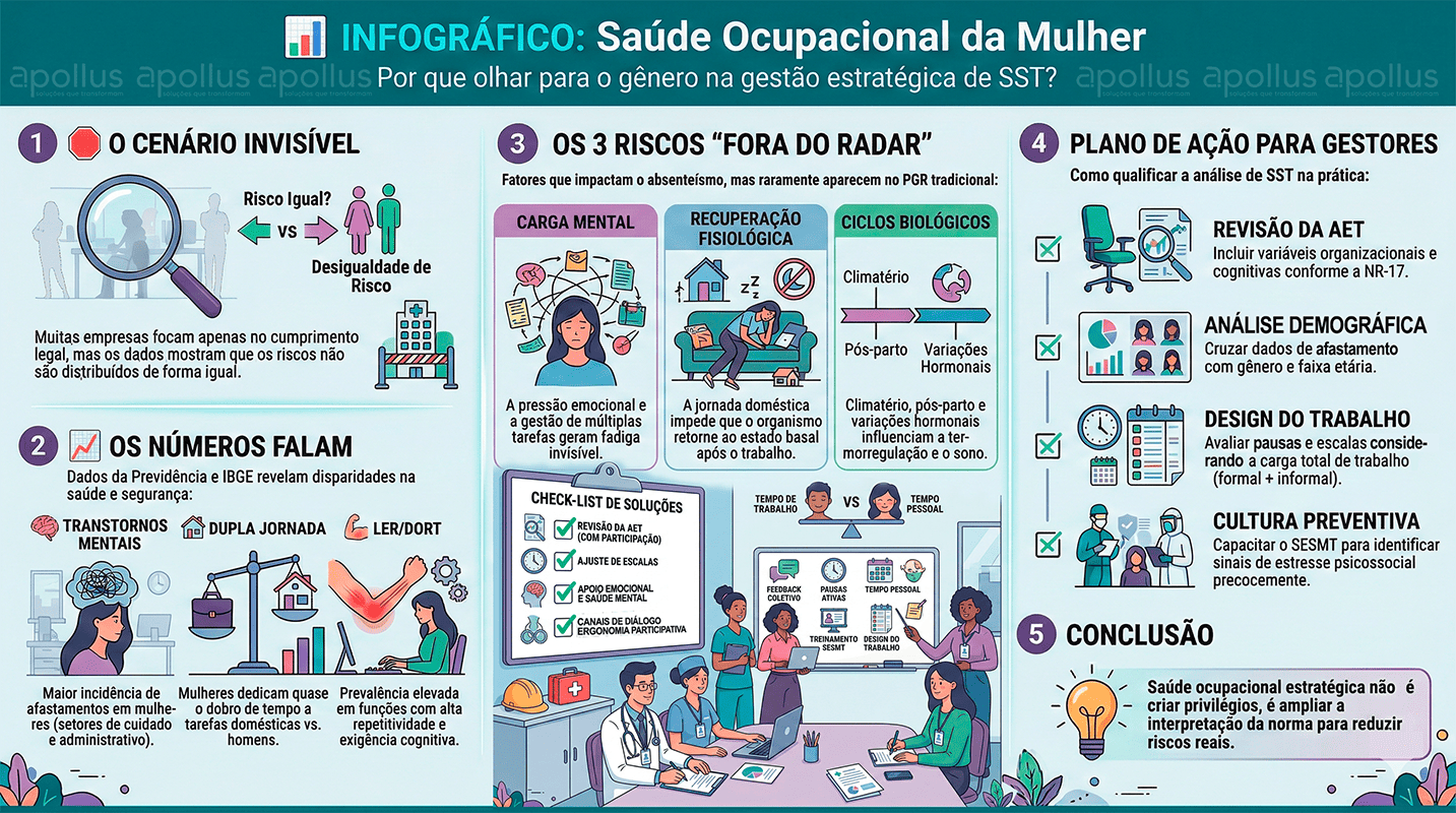 Infográfico sobre a carga mental e dupla jornada da mulher na saúde ocupacional