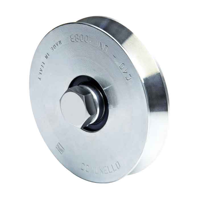 Standard, Stainless Steel V-Groove Wheels with 1 Bearing. Available in 3", 4" and 6" sizes.