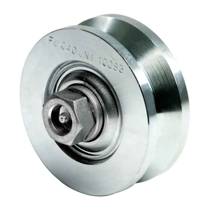 Standard, Galvanized Heavy Duty V-Groove Wheels with 2 Bearings and Grease Zerk Fitting. Available in  4" and 6" sizes.
