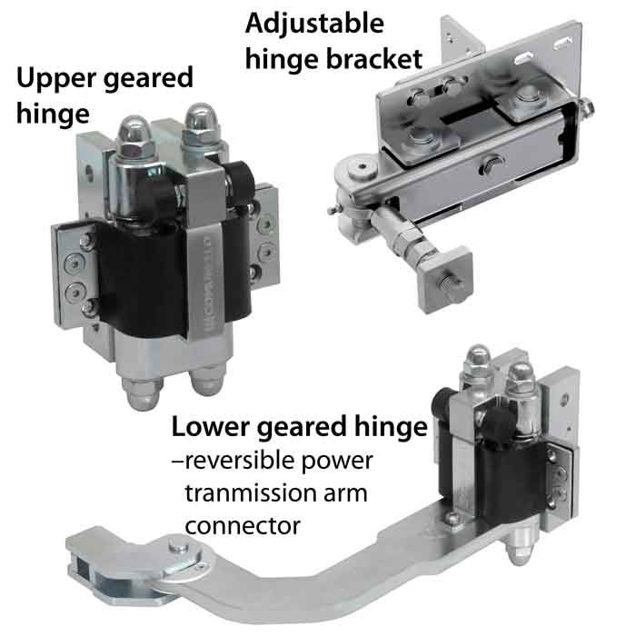 Large Albatros Power Transfer Kit for gate opening no more than 26FT: Includes 2 geared hinges & post bracket