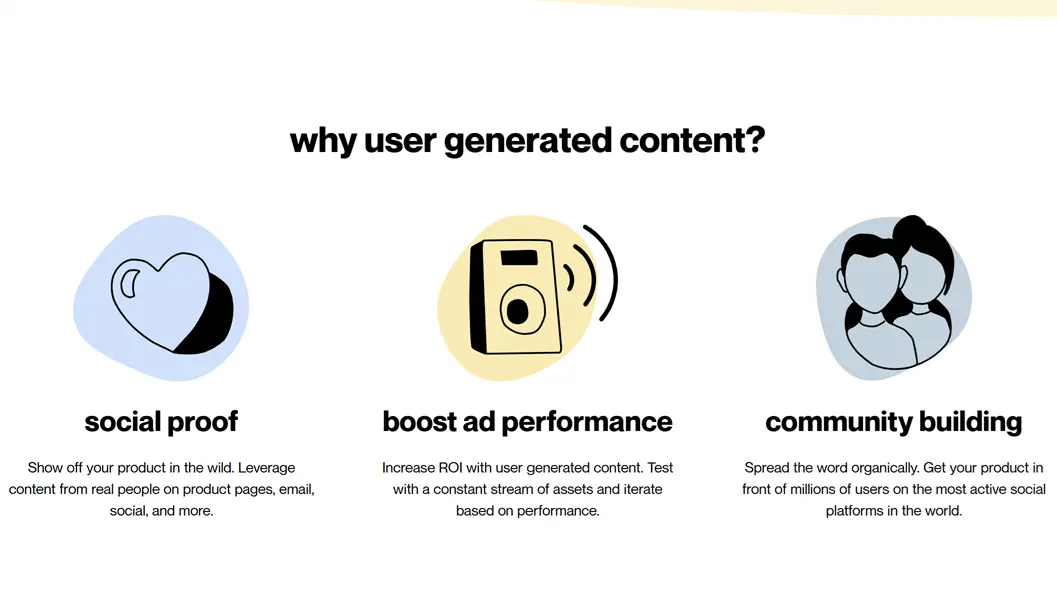 Summary of why user generated content is valuable, including social proof, ad performance, and community