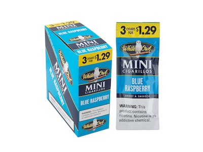 White Owl Mini Cigarillos 3 For $1.29 Upright Blue Raspberry 