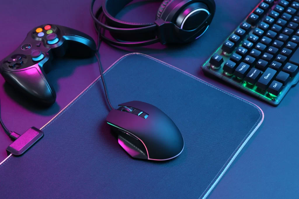 Computer mouse, headset, controller, and keyboard for gaming