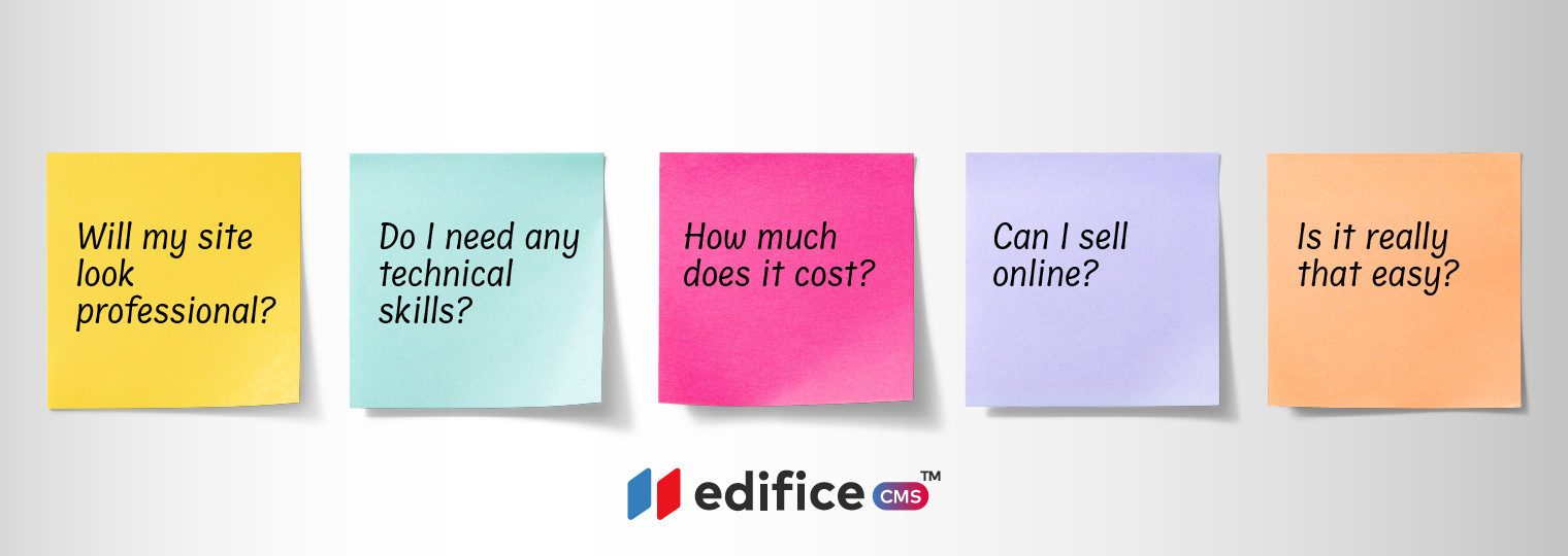 5 sticky notes with some questions that people have in mind for no-code websites