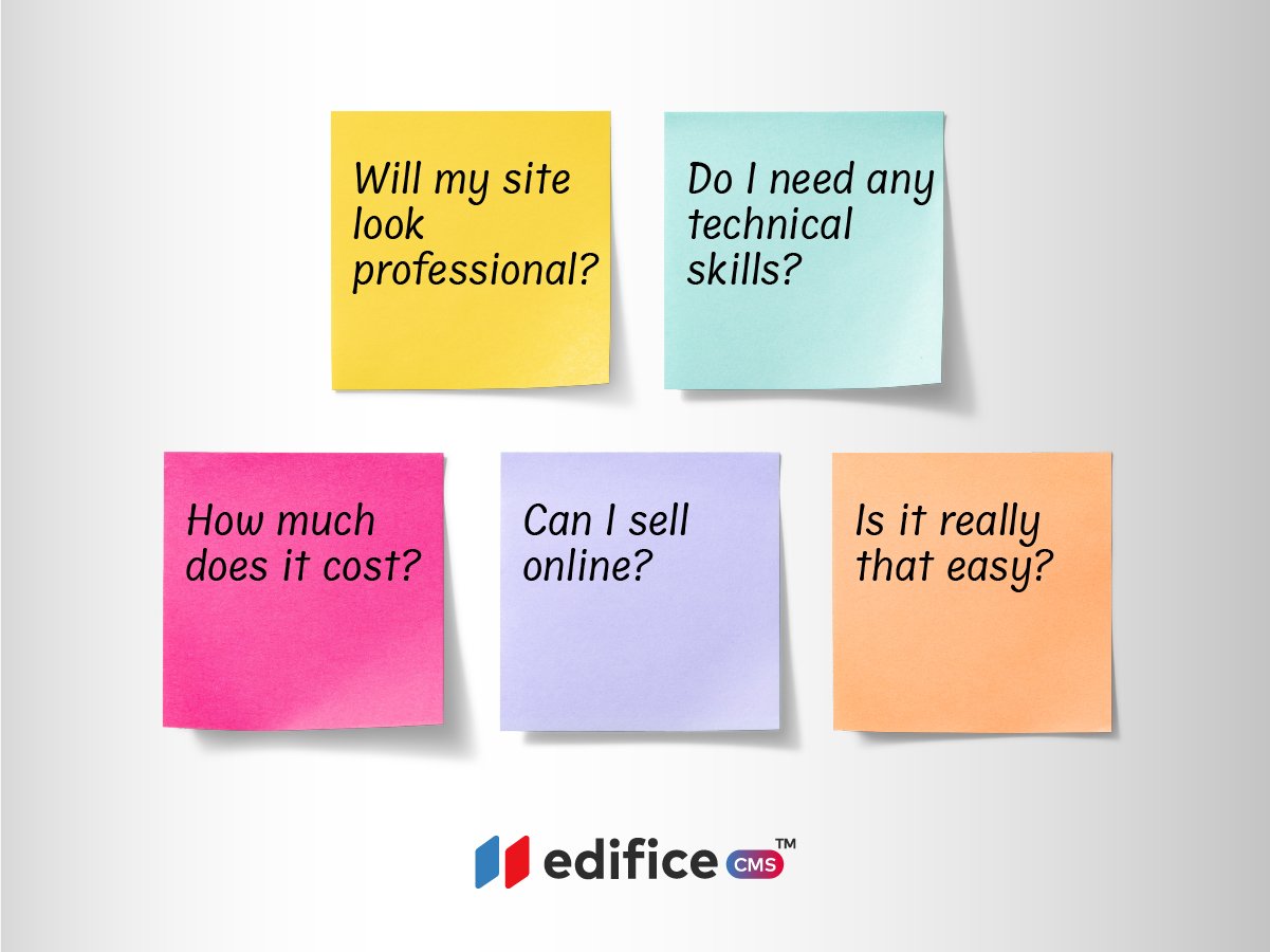 5 sticky notes with some questions that people have in mind for no-code websites