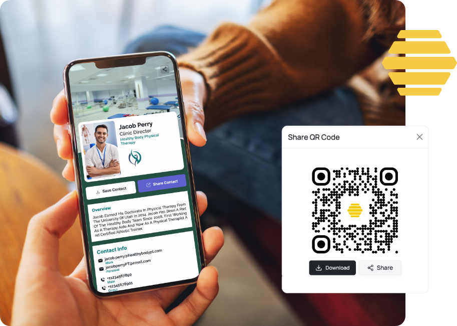 A doctor's profile on a free Link in bio tool - LinqHive with a scannable QR code
