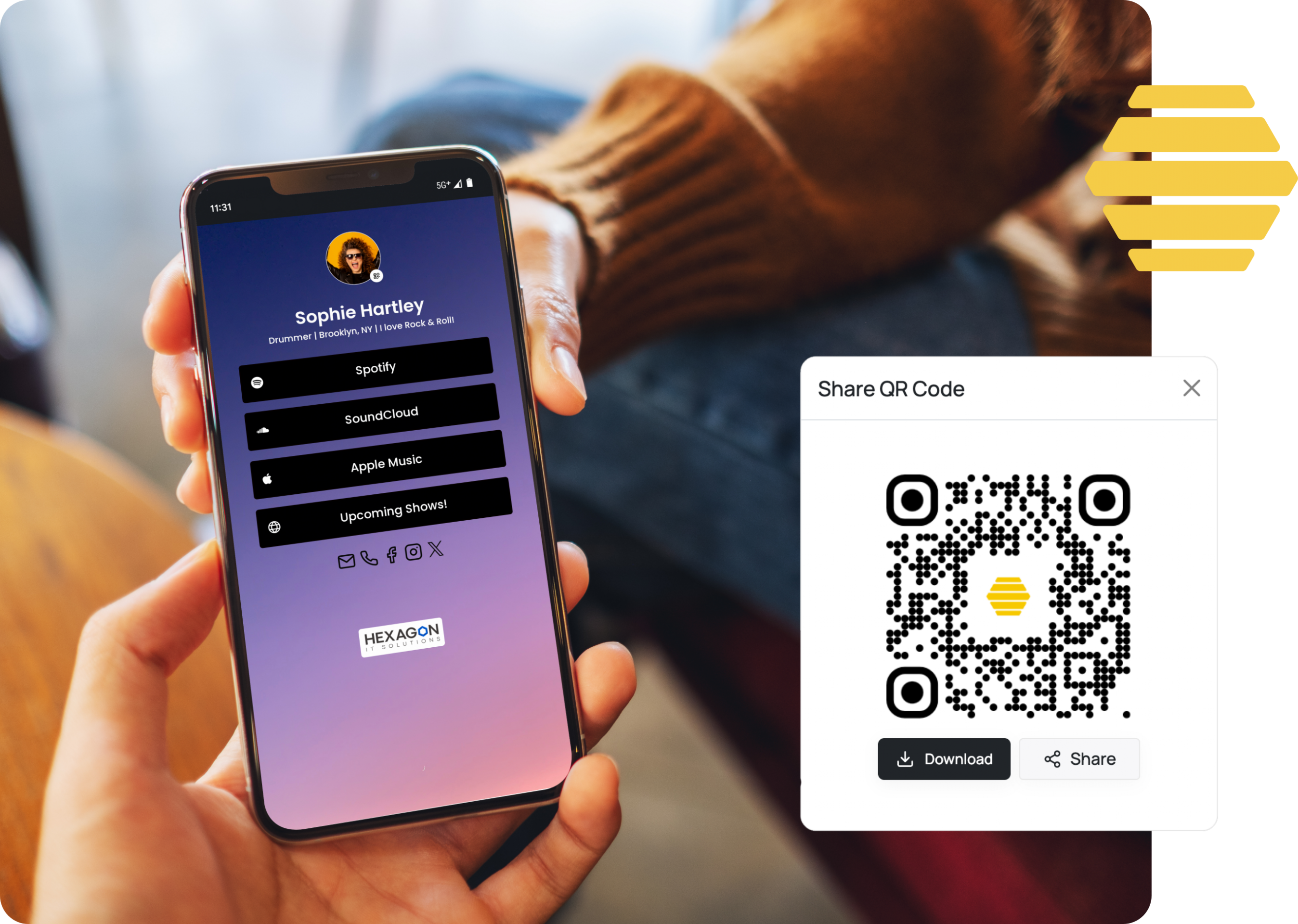 A musician's digital profile on a free Link in bio tool - LinqHive with a scannable QR code