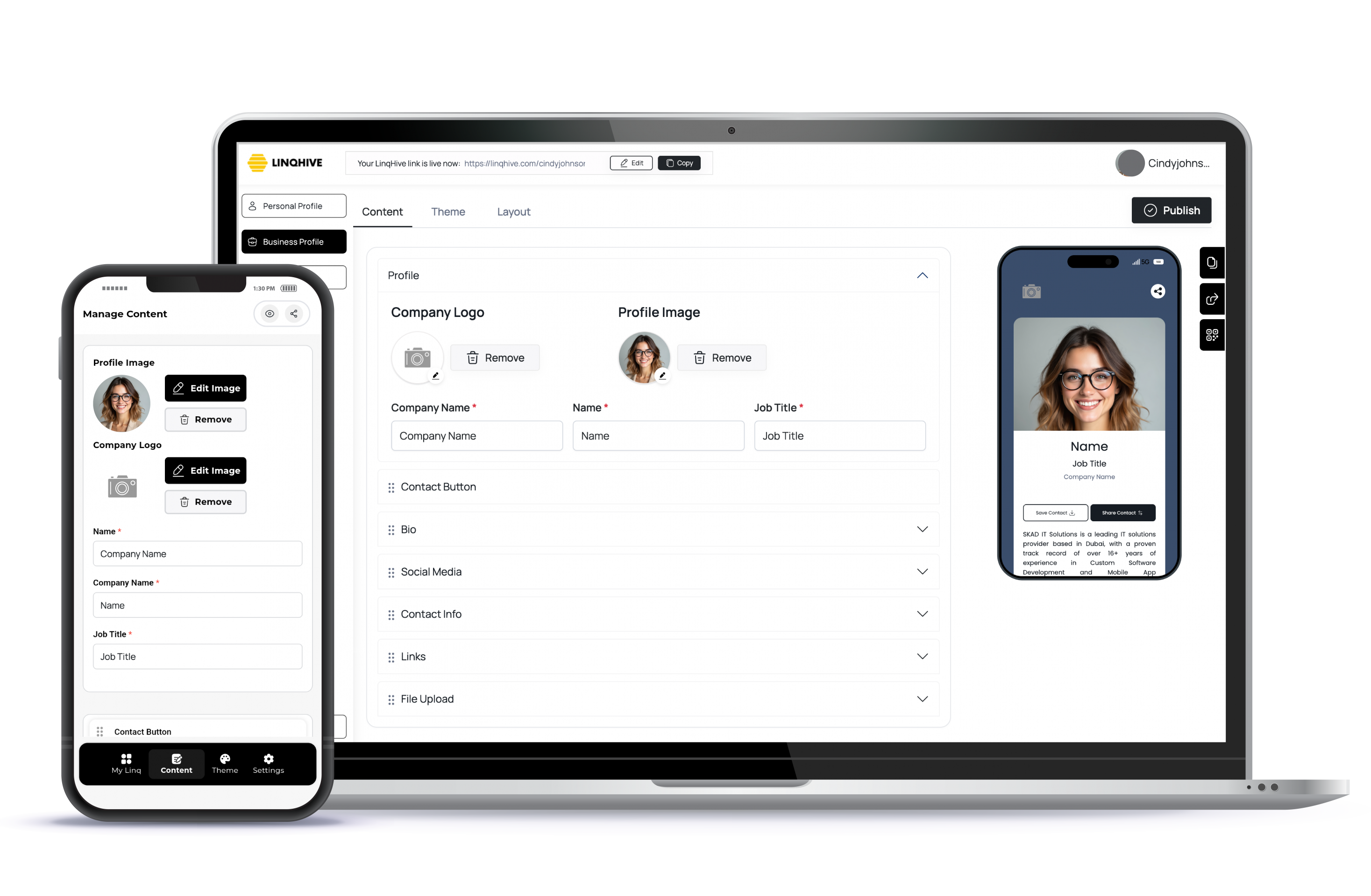 A desktop and mobile device displaying an artist professional profile on LinqHive, a free link in bio tool