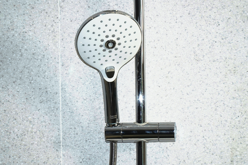 close-up of logo on moen faucet