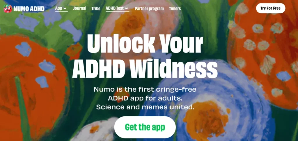 homepage of Numo ADHD web app homepage of Numo ADHD web app for mental health