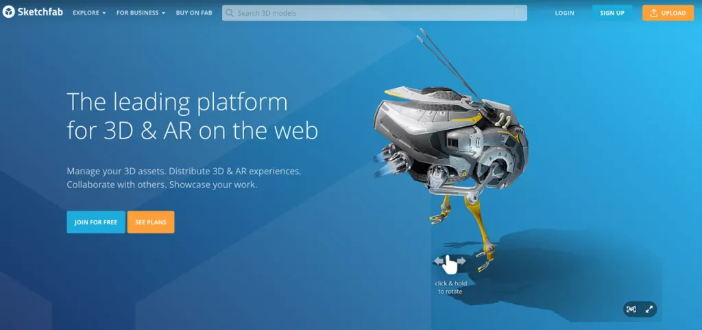 homepage of Sketchfab web app homepage of Sketchfab web app for managing 3D assets