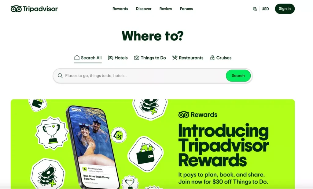 homepage of TripAdvisor web app homepage of TripAdvisor web app for online booking - a great web application idea