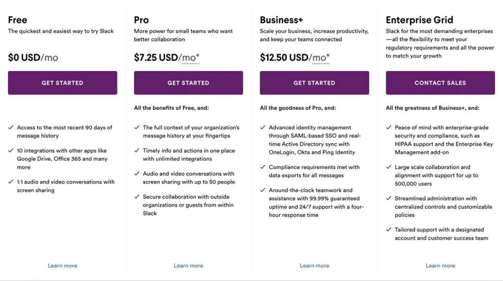 Slack example of SaaS pricing model