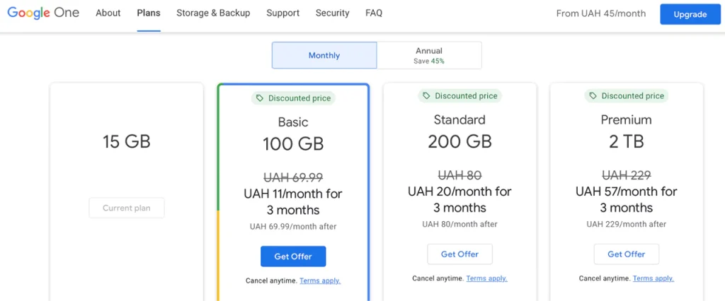 Google Drive example of SaaS pricing model