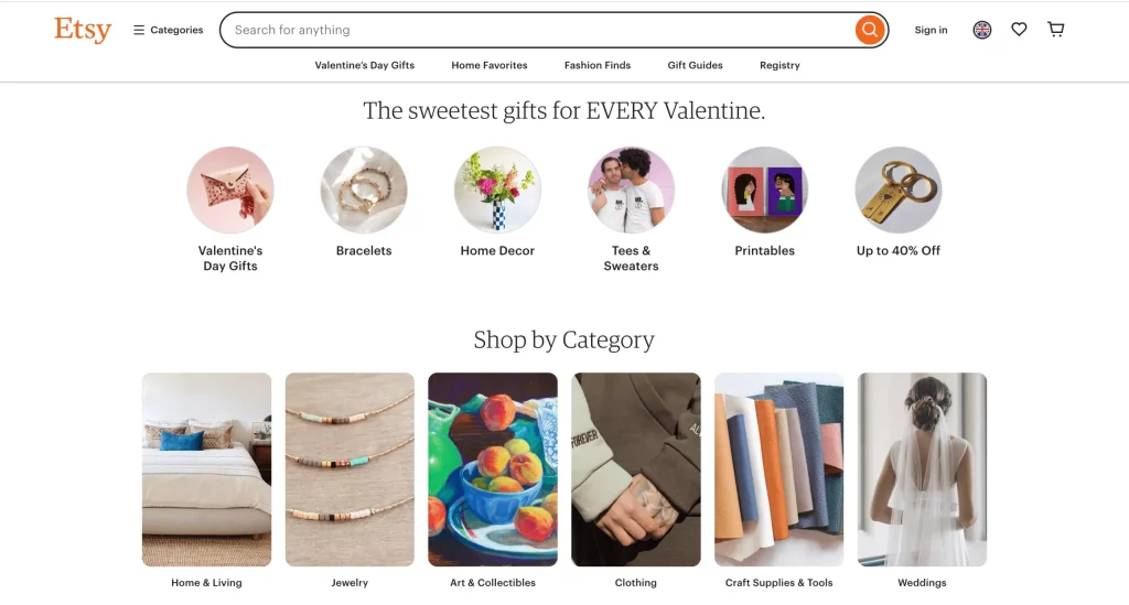 Etsy home page